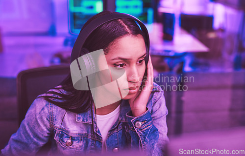 Image of Thinking woman, computer or headphones in neon strategy for iot coding, night programming or code cybersecurity. Programmer, developer or desktop technology and music or podcast for ux ideas planning
