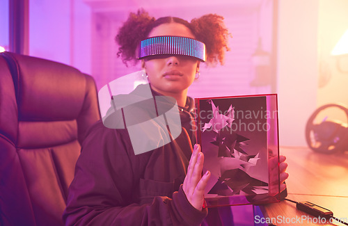 Image of Woman, virtual reality glasses and 3d metaverse gamer for futuristic gaming in room. Person with vr tech and frame for ar, scifi and cyber world experience while streaming online digital fantasy game