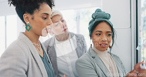 Image of Teamwork, sticky note and collaboration of business people planning sales strategy in office. Innovation, glass wall and group of business women working together on advertising or marketing project.