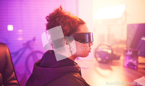 Image of Metaverse, virtual reality glasses and woman gamer for futuristic gaming in purple room. Cyberpunk person with ar tech for 3d, vr and cyber world experience streaming online digital fantasy game