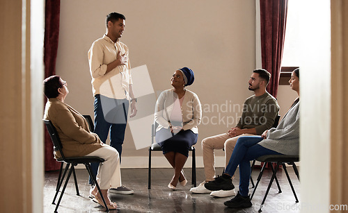 Image of Group therapy, mental help and psychologist support meeting of a sharing circle for drug abuse. Mind wellness, stress care and counseling conversation together with therapist discussion and advice