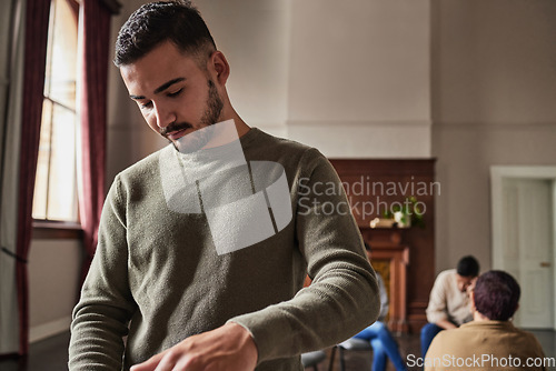 Image of Help, coffee and man at a support group for mental health, addiction or grief meeting. Ready, counseling and person at therapy with people for management of depression, anxiety or problem together