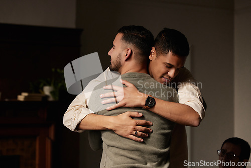 Image of Friends, support group hug and men counseling for drug abuse and mental health problem. Empathy, psychology workshop and therapy session together in a circle for team building with care and help