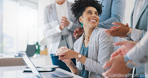 Image of Applause, celebration and business woman with good news, achievement or job promotion in the office. Happy, wow and professional employee from Mexico with success celebrating with support from team.