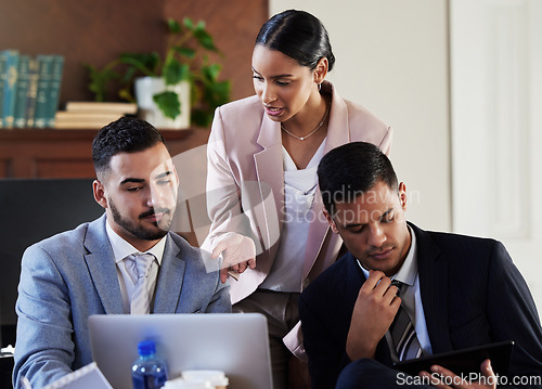 Image of Business meeting, consulting and collaboration on laptop with teamwork for legal strategy in an advocate office. Lawyer group with tech in a brainstorming, planning with innovation for court case or