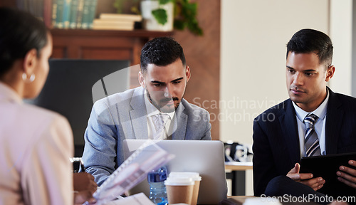 Image of Research, lawyer teamwork or people in meeting with laptop for court case planning, strategy or contract in office. Law firm, corporate or collaboration for evidence review, legal b2b report reading