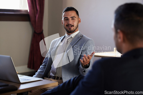 Image of Lawyer, teamwork or corporate men in meeting for court case planning, strategy or communication in office. Law firm, collaboration or people for evidence review, legal conversation or solution