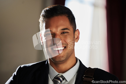 Image of Smile, business man and portrait of lawyer happy as a legal worker in office ready for corporate law. Businessman, company employee and notary advocate with consultant and professional success