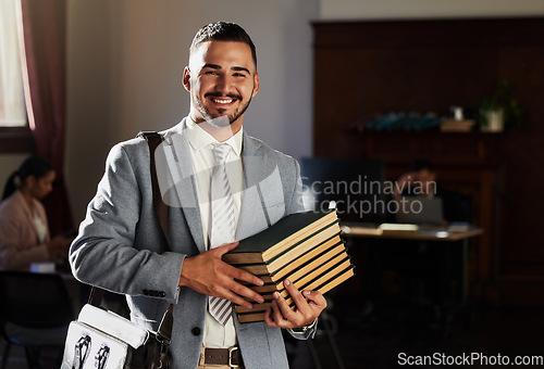 Image of Legal books, happy portrait and man research law firm, office management or justice learning study. Financial advisor, knowledge and lawyer smile, Portugal government consultant or attorney education