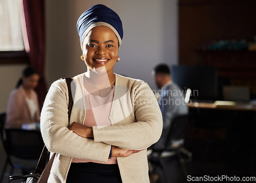 Image of Law firm portrait, confidence and woman for legal work, consultation service or happy contract meeting. Justice advisor, government mock up and African leader, lawyer or attorney with crossed arms