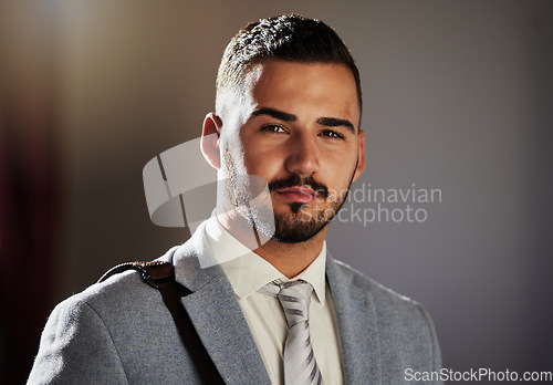 Image of Portrait, businessman and serious law of a legal associate in office ready for corporate lawyer work. Business man, company employee and advocate from Spain with consultant and professional success