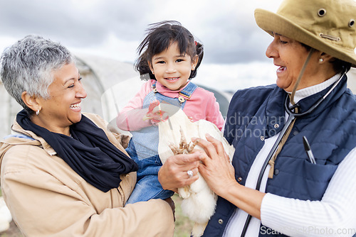 Image of Agriculture, farm and grandparents with girl and chicken for farming, veterinary and agro industry. Sustainability, countryside and happy child with family for protein, animal produce and livestock