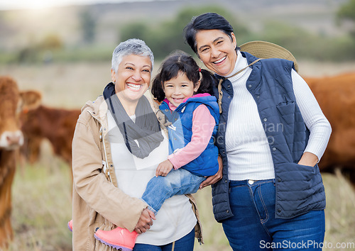 Image of Farm, agriculture and portrait of grandparents with girl in countryside for farming, livestock and agro. Sustainability, family and child with cows for farmer, animal produce and eco friendly ranch