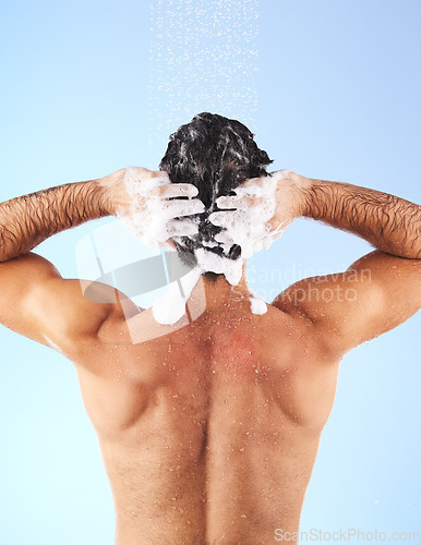 Image of Shower, cleaning hair and back of man with shampoo, conditioner and water soap for wellness. Self care, bathroom hygiene and male with foam, grooming products and washing body on blue background