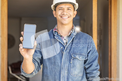 Image of Construction worker, man in portrait and smartphone, screen with mockup and contact, digital marketing and handyman. Home renovation, maintenance and industry trade, promo with product placement