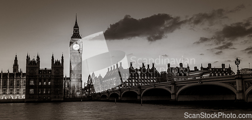 Image of Big Ben and Westminster at dusk, London, UK.