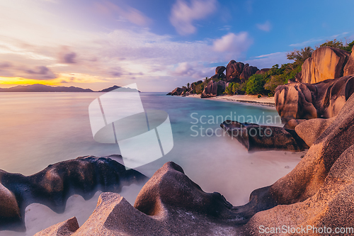 Image of Dramatic sunset at Anse Source d'Argent beach, La Digue island, Seychelles