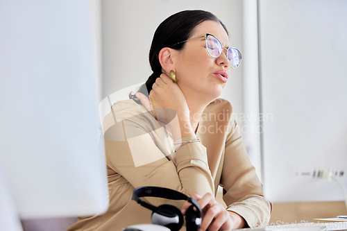 Image of Neck pain, call center and woman with stress in customer service, telemarketing and crm support at desk. Burnout, consulting company and female worker stressed out, frustrated and fatigue in office