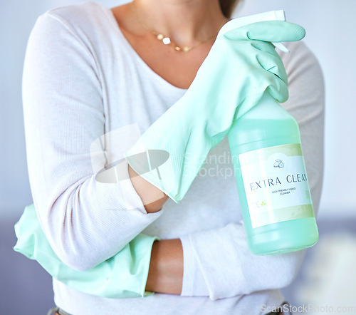 Image of Cleaner with product for cleaning in hands, spray and chemical to clean with housekeeping and woman. Female housekeeper, gloves for safety from bacteria and disinfectant, bottle closeup and hygiene