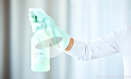 Image of Bottle in hand, arm and spray for cleaning, cleaner and housekeeping with chemical, person with glove for safety. Housekeeper, disinfectant liquid to clean bacteria for hygiene and house work