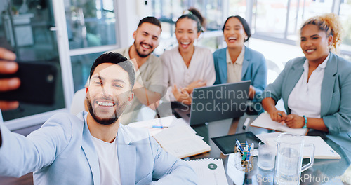 Image of Office, selfie and business people in meeting, collaboration and fun, happy and smile. Colleagues, team and phone for photo by work friends posing during discussion, startup and idea, diverse and joy