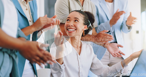 Image of Applause, laptop and winning woman in office success, congratulations and celebration of company target sales. Winner, wow and clapping for worker, employees or people promotion, news or opportunity