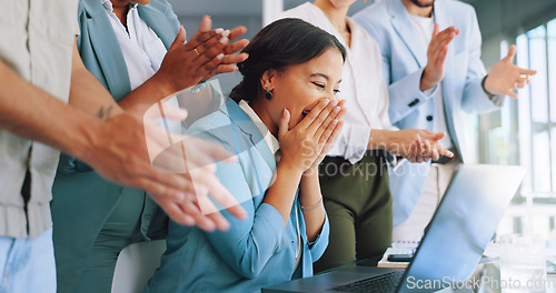 Image of Clapping, laptop and winner woman in office success, congratulations and celebration of company target sales. Achievement, goals and applause worker, employee or person promotion, news or opportunity