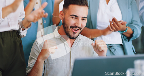 Image of Clapping, laptop and winning people in office success, congratulations and celebration of company target sales. Winner, wow and applause for worker, employees or man promotion, news or opportunity