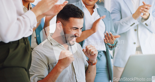 Image of Clapping, laptop and winning people in office success, congratulations and celebration of company target sales. Winner, wow and applause for worker, employees or man promotion, news or opportunity