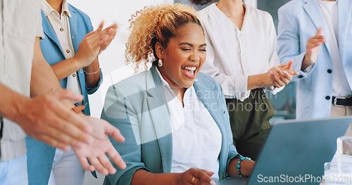 Image of Applause, laptop and winning woman in office success, congratulations and celebration of company target sales. Winner, wow and clapping for worker, employees or people promotion, news or opportunity