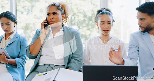 Image of Recruitment, job interview and hiring waiting room with business people preparing for hr meeting. Queue, we are hiring or group sitting together at startup company for employment, job or opportunity