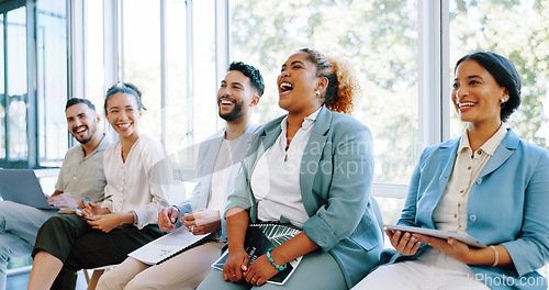 Image of Interview, question and training with a business black woman raising her hand to answer during a meeting. Recruitment, human resources and hiring with a candidate group sitting in a row at an office