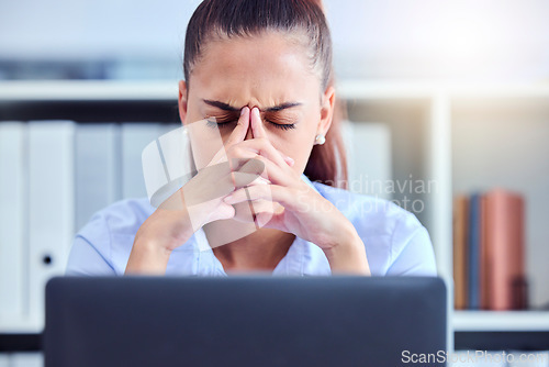 Image of Business woman, stress and depression while tired and depressed with office burnout. Professional entrepreneur person at workplace with fatigue, mental health and anxiety while working with 404 error