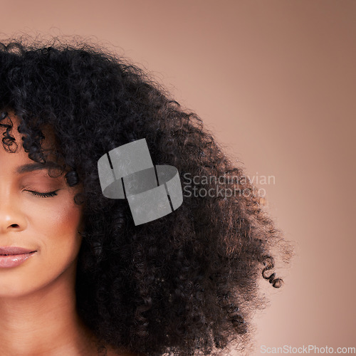 Image of Half face, black woman or afro hair on studio background for product placement, curly mockup or skincare treatment management. Beauty model, natural or hairstyle with makeup on isolated wall mock up