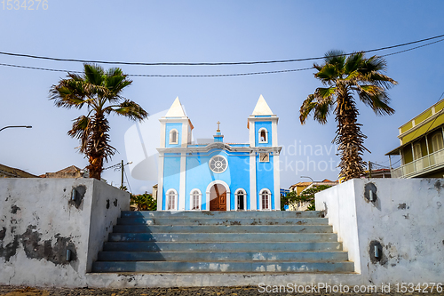 Image of Blue church in Sao Filipe, Fogo Island, Cape Verde