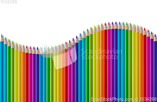 Image of Set of color wooden pencil in wave shape on white background