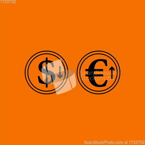 Image of Falling Dollar And Growth Up Euro Coins Icon