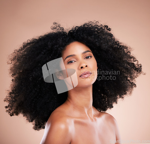 Image of Black woman, portrait or afro hair on studio background for aesthetic empowerment, curly texture pride or skincare glow. Beauty model, face or natural hairstyle and makeup cosmetics on isolated wall
