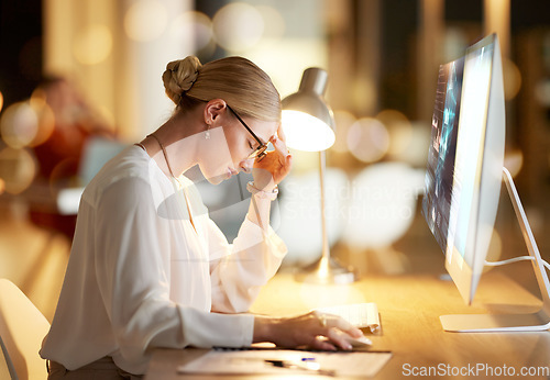 Image of Business woman, headache or computer hologram screen in night office for finance planning stress, insurance fail or stock market loss. Technology abstract, 3d or cybersecurity hack for worker burnout