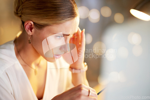 Image of Business woman, stress and headache in night office for finance planning bokeh, insurance crisis mock up or stock market loss. Anxiety, migraine and pain for working late employee on mockup burnout