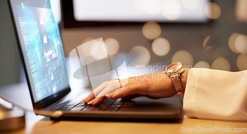 Image of Woman hands, laptop or hologram screen in office, financial planning or investment management analytics. Zoom, keyboard or business on technology abstract 3d, futuristic interactive budget or fintech