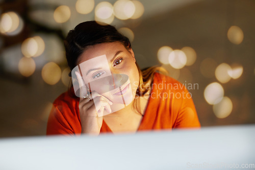 Image of Business woman, computer or thinking in night office bokeh or financial strategy, investment growth goals or finance target. Working late, technology or worker ideas on mockup in evening budget audit