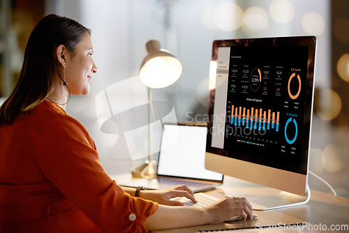 Image of Business worker, screen or computer data analytics in night office for financial planning, company budget or startup accounting. Chart, graph or infographic on technology for woman smile in finance