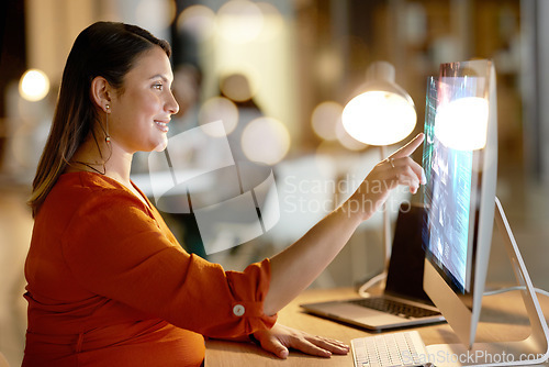 Image of Web design, connection and pregnant woman with a computer hologram for research at night. 3d coding, analytics and programmer typing on a holographic screen from a pc for programming and development