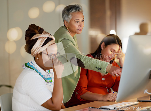 Image of Stress, business people and fail, mistake or error on computer with women and manager in office. Deadline, glitch and startup failure by ladies with anxiety, email or bad news while working at night