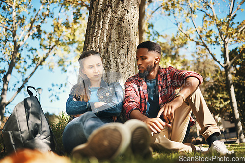 Image of Hiking, couple and argument in a forest about location, direction or cheating confession on nature background. Divorce, conflict and man with woman in crisis while camping in the woods together