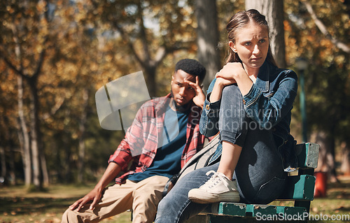 Image of Couple, hiking and argument in forest about location, direction or cheating confession on nature background. Divorce, conflict and man with woman in crisis while lost in the woods in Germany together