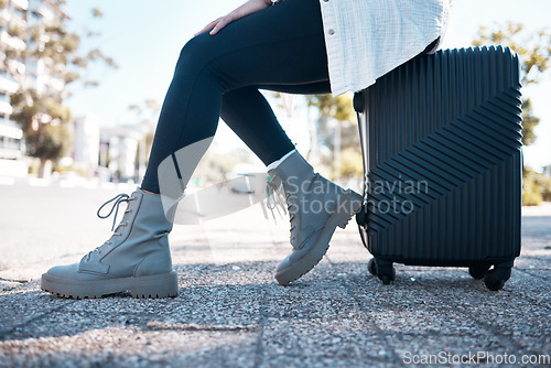 Image of Travel, city and shoes of woman with suitcase ready fpr destination holiday, weekend and vacation. Traveling, journey and feet of girl in urban street with luggage waiting for cab, taxi or transport