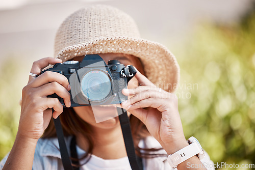 Image of Woman, hands and camera lens in photography for nature travel, adventure or sightseeing scenery. Female photographer in focus taking photo or picture for memory, destination or location outdoors