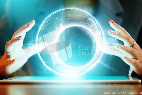 Image of Closeup, woman with tablet and hands with hologram, global communication and networking for business growth. Zoom, female developer and web designer with device, holographic, data analytics and graph